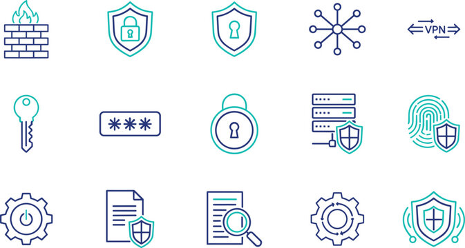 Cyber security and data protection line icon set featuring firewall shield vpn password and biometric symbols for network safety and privacy design