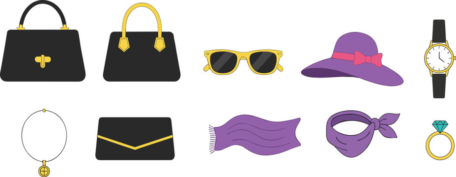 Flat fashion accessories vector set featuring handbags sunglasses hat watch and jewelry for women style and shopping design