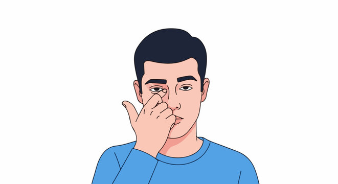 Person's hand gently touching their eye area with fingers against white background