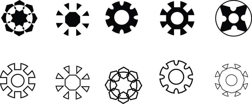  Settings Gear Vector Line Art Icon Set. Gear icon cogwheel vector illustration, settings symbol mechanism engine line art style graphic design for engineering and industry.-stock vector