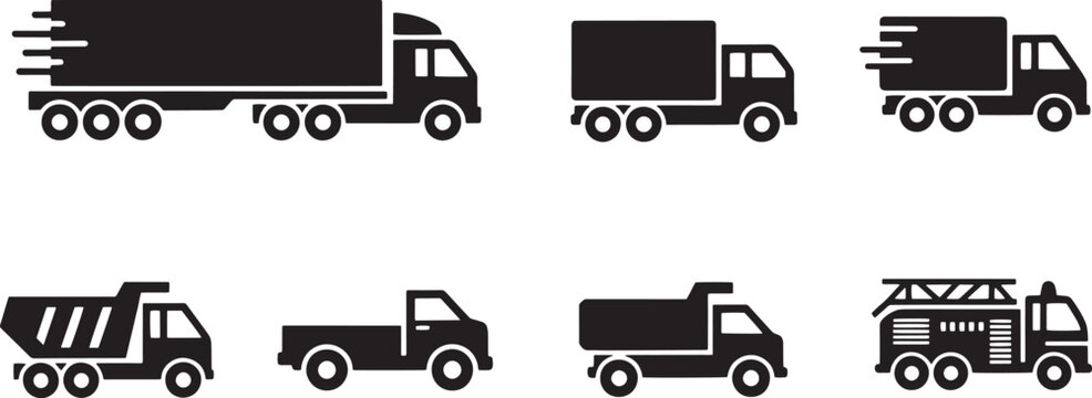 A set of truck icons are displayed on a white background. The icons show different types of trucks, including a semi-trailer truck, a dump truck, and a flatbed truck.