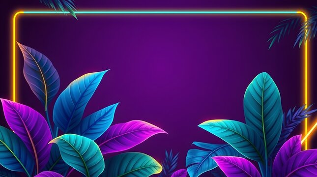 Neon lit leaves on purple background with yellow border