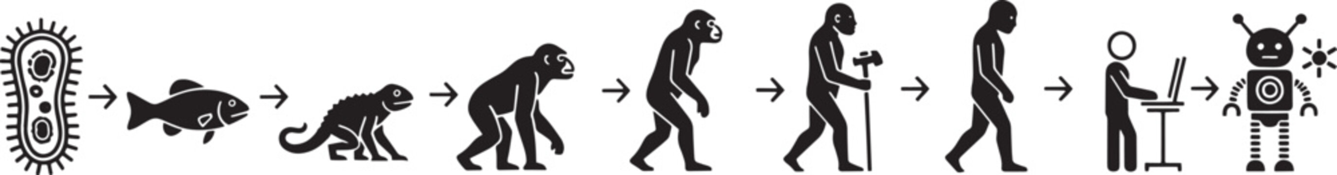 The image depicts a linear progression of evolution, starting with a bacterium and culminating in a humanoid robot.