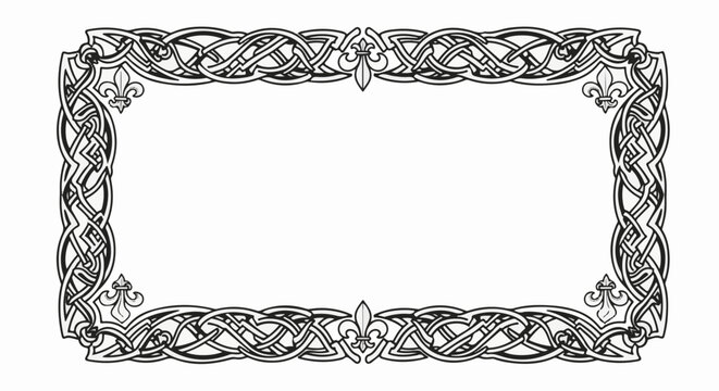 Ornate Celtic knot border with fleur-de-lis accents, black and white