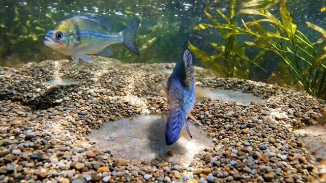 Colorful sunfish swimming above pebbles in a freshwater lake