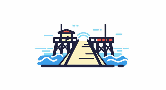 Minimalist depiction of a wooden pier with two elevated watchtowers over water