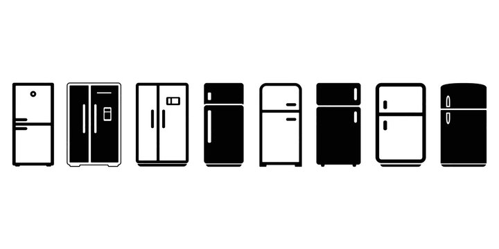 Fridge and refrigerator icon set for kitchen appliance and cold storage. Vector illustration.