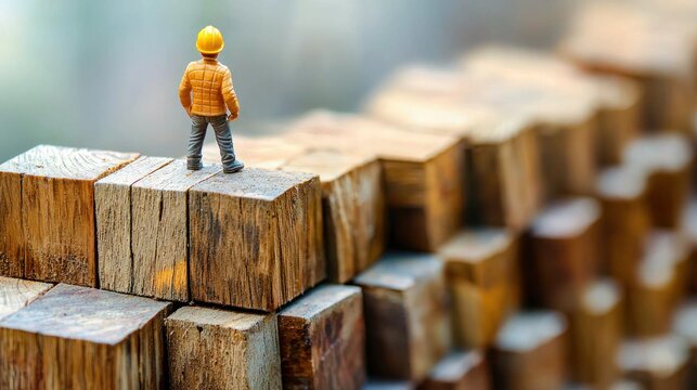 A miniature figure of a construction worker standing on a pile of wooden blocks, wearing a yellow hard hat and a yellow jacket, with a blurred background