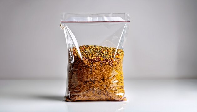 a transparent plastic bag filled with colorful bee pollen granules stands vertically on a light background