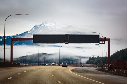 Blank LED traffic signs over Interstate 90 near Snoqualmie Pass