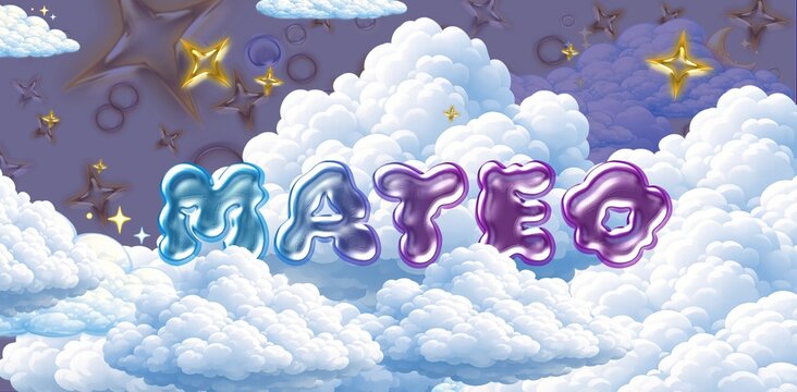 Mateo name. Colorful 3D Cloud Fantasy Background with Glossy Balloon Letters. Dreamy Sky, Stars and Soft Clouds Illustration.