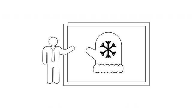 Simple Line Drawing of a Person Presenting a Mitten with Snowflake Icon.