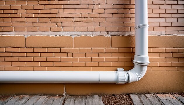 a tan brick wall cracked is adjacent to a white gutter and pipe