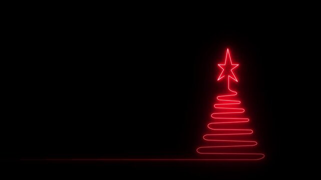 Self drawing animation of New Year tree, Christmas tree. Neon glowing outline on black background, luma matte motion animation 4k video...