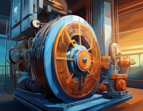 industrial control room lift system s motorized cable wheel mechanism close up