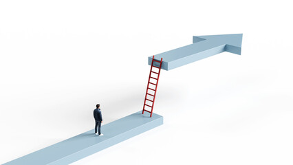 Man standing on a path facing a ladder leading to a higher arrow platform representing business growth and career advancement, 3d render © BPawesome