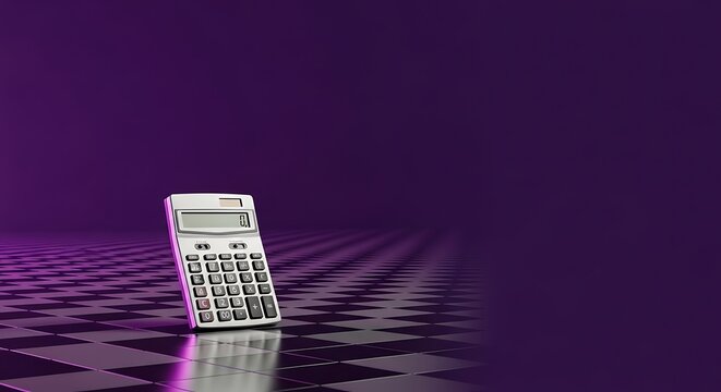 Calculator on purple surface with reflective pattern and light effects