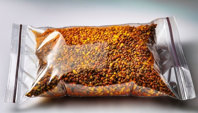 a sealed plastic bag filled with multi colored bee pollen granules in shades of yellow orange and brown