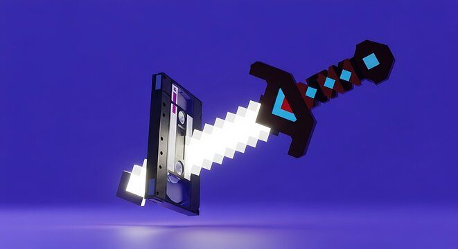 Glowing blue sword slicing through a smartphone on purple gradient