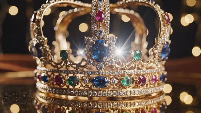 Golden crown rests on shiny surface illuminated by sparkling lights. Setting reflects luxury and special occasions. Concept of jewelry, celebrations, event planning