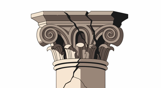 Ornate classical column capital with prominent cracks, isolated on white