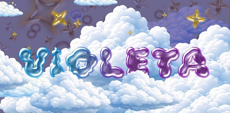 Violeta name. Colorful 3D Cloud Fantasy Background with Glossy Balloon Letters. Dreamy Sky, Stars and Soft Clouds Illustration.