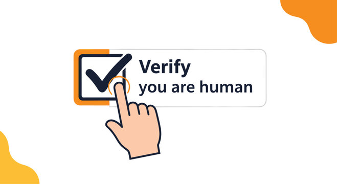 Graphic showing a hand clicking a checkbox on a verify you are human authentication box to prevent bot access.