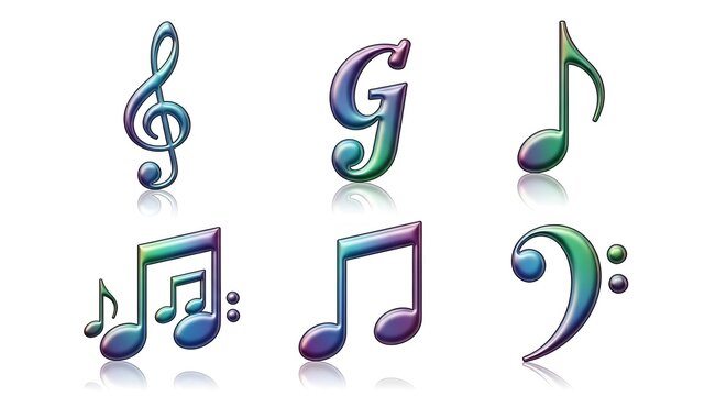 Collection of colorful musical notes and symbols on a white background with reflections