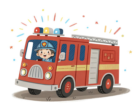 Cute cartoon firefighter driving a red fire engine truck