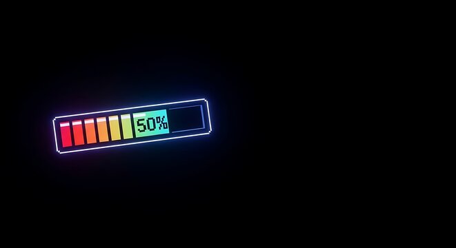 Neon battery charging indicator showing fifty percent power level on dark ambient