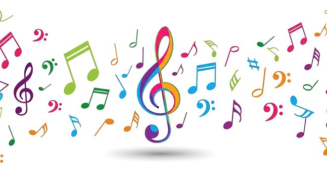 A vibrant and colorful assortment of musical notes scattered across a clean white background