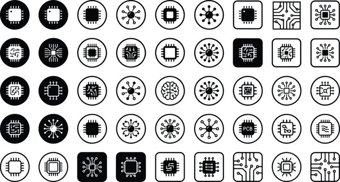 Various black and white circuit board and microchip icons on white background