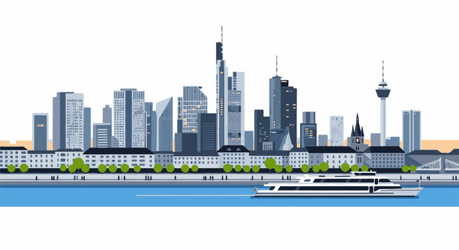 Modern cityscape with riverboat and skyscraper skyline