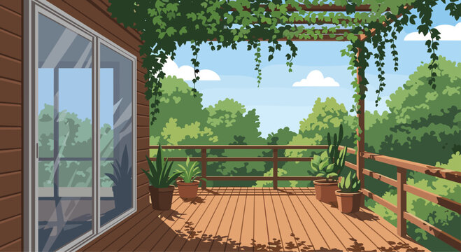 Beautiful wooden deck balcony surrounded by lush green trees and climbing vines features various potted plants in a peaceful setting.