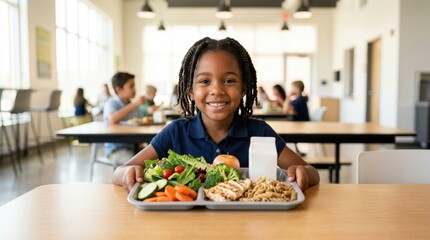 Naklejka premium Cute young student proudly showing healthy school lunch plate