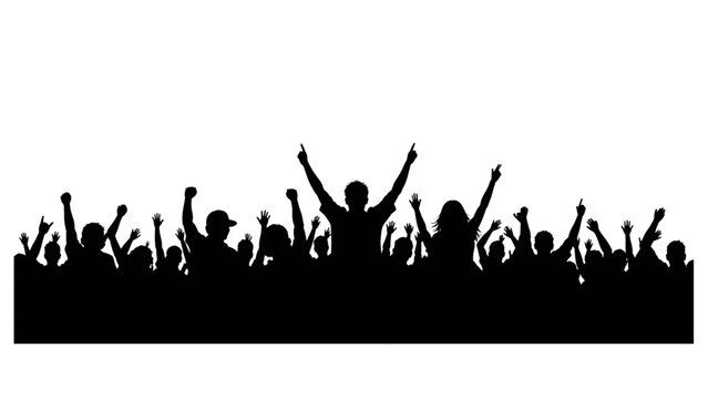Black silhouette of a cheering crowd with raised hands and fists