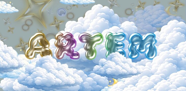 Artem name. Colorful 3D Cloud Fantasy Background with Glossy Balloon Letters. Dreamy Sky, Stars and Soft Clouds Illustration.