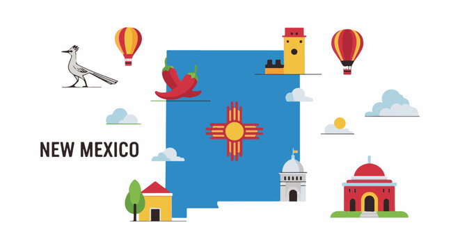 New Mexico state map featuring symbols like a roadrunner and hot air balloons