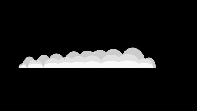 Cartoon Speed Smoke Cloud Animation On Black Background. Minimal flat layered style. Rounded white and gray cloud shapes form a dynamic speed trail,  racing motion, fast movement, drift effects, 
