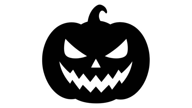 Black Halloween pumpkin face with sharp teeth and glowing eyes on white background