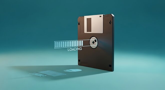 3D rendering of a floppy disk with loading progress bar on gradient blue surface