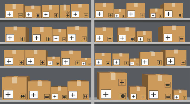Organized warehouse shelves are packed with many brown cardboard boxes of various sizes labeled with shipping icons and barcodes.