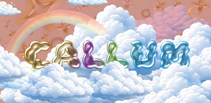 Callum name. Colorful 3D Cloud Fantasy Background with Glossy Balloon Letters. Dreamy Sky, Stars and Soft Clouds Illustration.