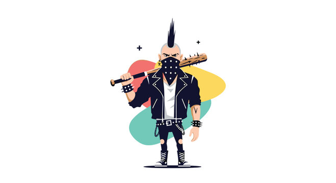 Punk rocker man with a mohawk hairstyle and face mask holding a spiked baseball bat while wearing a leather jacket.