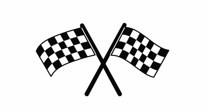 Two crossed checkered flags on a clean white background, symbolizing victory, the finish line, success, and the culmination of a race or competition in sports.