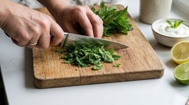 Hands chopping mint on clean wooden board with citrus and yogurt nearby
