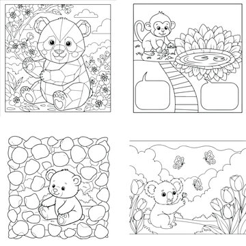 Set of four cute baby animal coloring book pages with bear monkey and koala line art illustration
