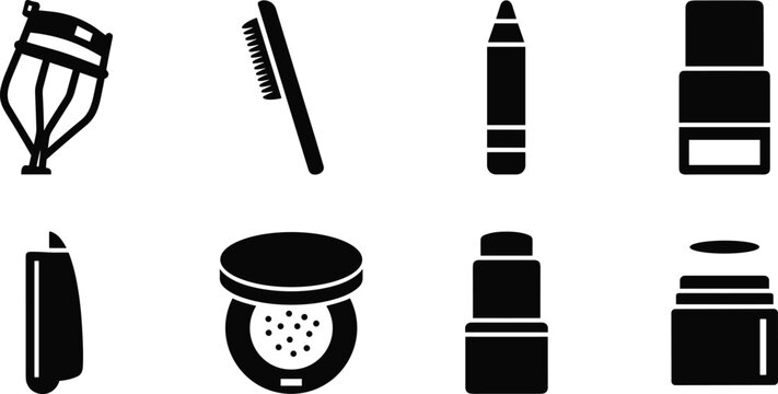Beauty and cosmetics icon set with makeup tools mascara brush powder and skincare products isolated on white background black silhouette collection for cosmetic use