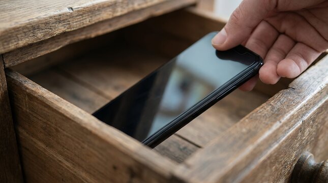 Hand placing modern smartphone into an opened rustic antique wooden drawer capturing the contrast between digital life and natural materials