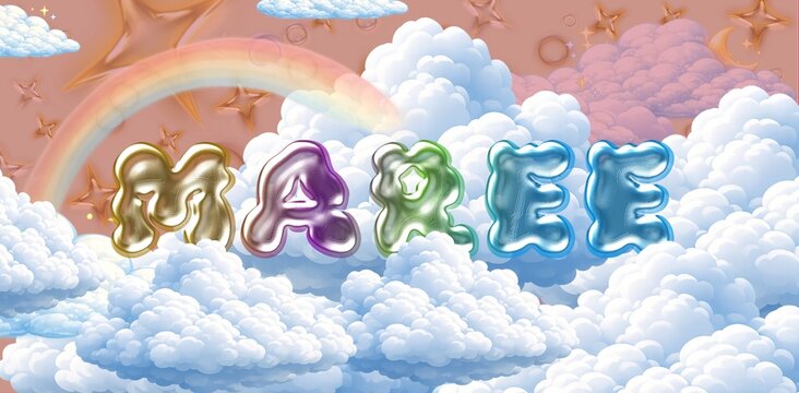Maree name. Colorful 3D Cloud Fantasy Background with Glossy Balloon Letters. Dreamy Sky, Stars and Soft Clouds Illustration.